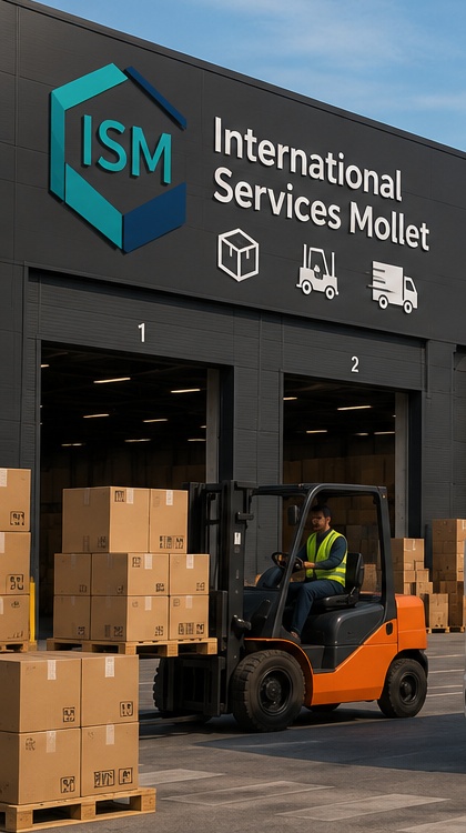 Carretilla elevadora cargando palés de cajas en el muelle de un almacén de International Services Mollet