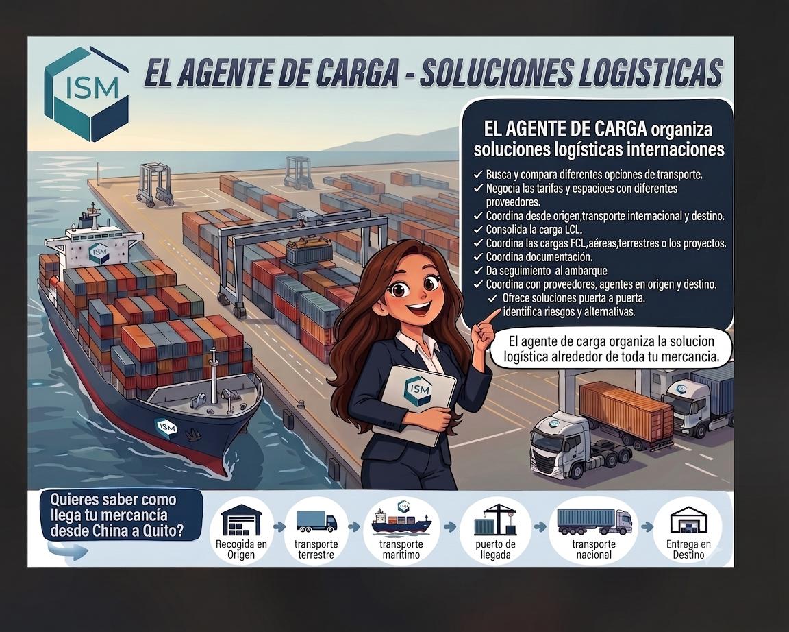 Esquema del trabajo del agente de carga: recogida en origen, transporte terrestre, transporte marítimo, puerto de llegada, transporte nacional y entrega en destino